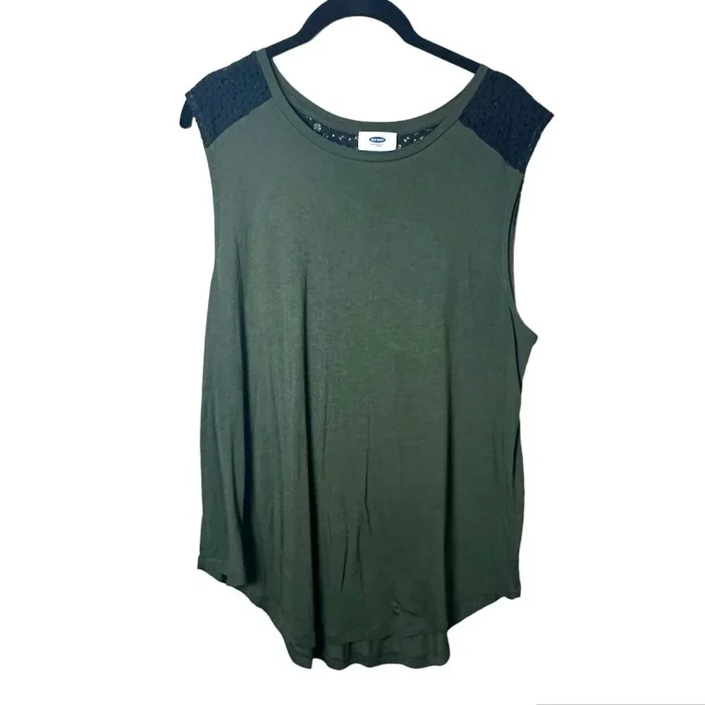 Olive Green Sleeveless Lace-Shoulder Women's Top